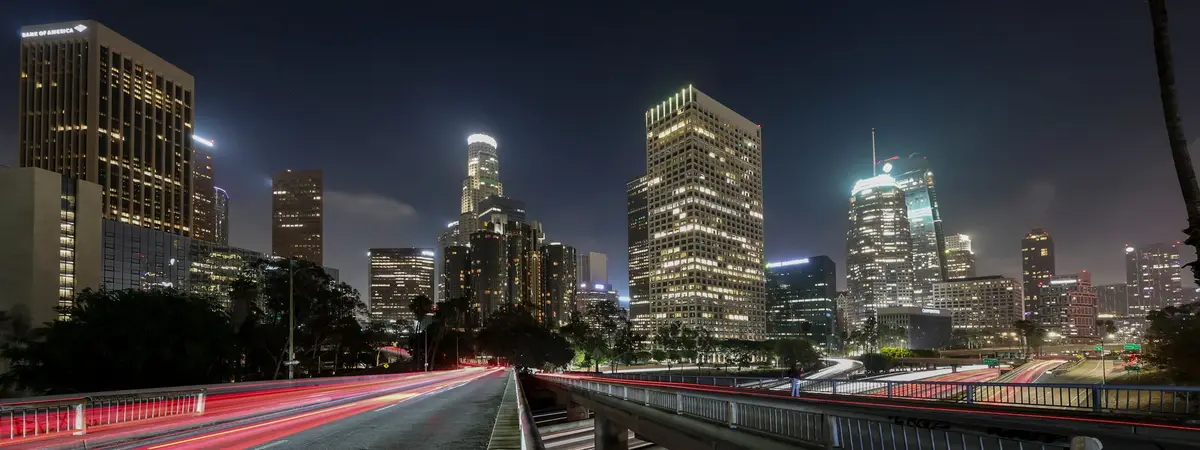 Downtown Los Angeles, California towers lit at night