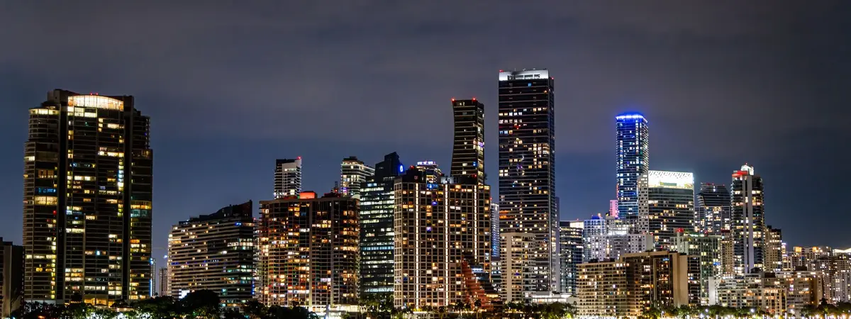 The Miami, Florida skyline lit at night