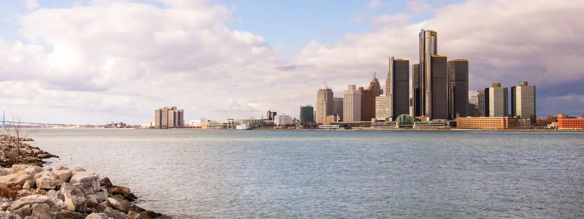 The Detroit, Michigan skyline seen across the river