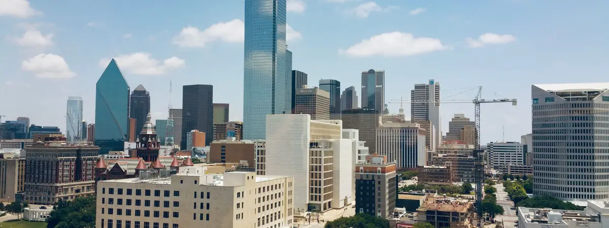 The downtown Dallas, Texas skyline from the air on a clear day